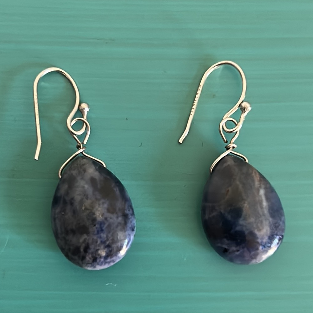 Blue Sodalite Gemstone Tear Shape Minimalist Drop Dangle Earrings